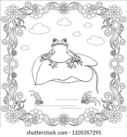Hand drawn monochrome frog on leaf in floral frame, stock vector illustration for web, for print, for coloring page, for antistress page