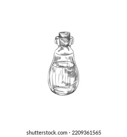 Hand drawn monochrome glass bottle with essential oil sketch style, vector illustration isolated on white background. Aromatic and cooking product, decorative design element