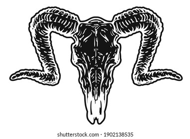 Hand drawn monochrome goat skull isolated on white background. Realistic design art element for print, tattoo. Retro vintage vector illustration.