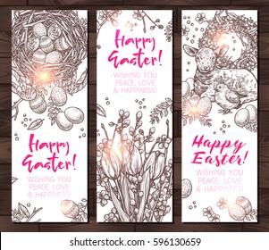 Hand Drawn Monochrome Happy Easter Vertical Banners. Design In Sketch Style