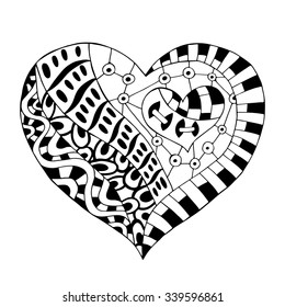 Hand drawn monochrome heart in zentangle style. Pattern for coloring book. Coloring page for adult anti stress. Made by trace from sketch. Valentine's day background.