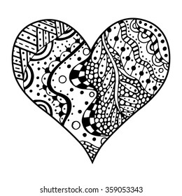 Hand drawn monochrome hearts in zentangle style. Pattern for coloring book. Coloring page for adult anti stress. Made by trace from sketch. Valentine's day background.