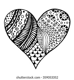 Hand drawn monochrome hearts in zentangle style. Pattern for coloring book. Coloring page for adult anti stress. Made by trace from sketch. Valentine's day background.