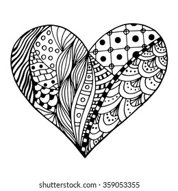 Hand drawn monochrome hearts in zentangle style. Pattern for coloring book. Coloring page for adult anti stress. Made by trace from sketch. Valentine's day background.