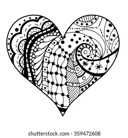 Hand drawn monochrome hearts in zentangle style. Pattern for coloring book. Coloring page for adult anti stress. Made by trace from sketch. Valentine's day background.