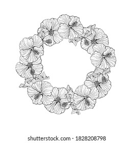 Hand drawn monochrome hibiscus flowers circular wreath. Floral design element. Isolated on white background. Vector illustration.