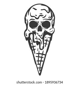 Hand drawn monochrome ice cream with skull head isolated on white background. Design concept for tattoo, print, cover. Vector illustration.