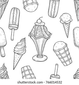 Hand drawn monochrome Ice cream, popsicle cherry cone dessert food vector seamless pattern. ice milk gelato, frozen yogurt sweet