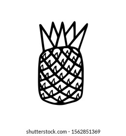 Hand drawn monochrome icon of pineapple fruit with leaf isolated on white background. Tropical fruit coloring page. Simple doodle sketch. Symbol of exotic summer, vitamin, healthy. Vector illustration