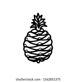 Hand drawn monochrome icon of pineapple fruit with leaf isolated on white background. Tropical fruit coloring page. Simple doodle sketch. Symbol of exotic summer, vitamin, healthy. Vector illustration