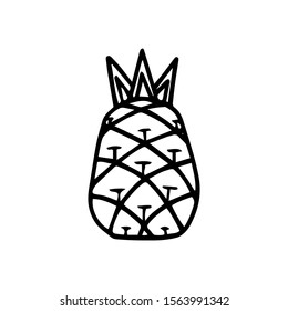 Hand drawn monochrome icon of pineapple fruit with leaf isolated on white background. Tropical fruit coloring page. Simple doodle sketch. Symbol of exotic summer, vitamin, healthy. Vector illustration