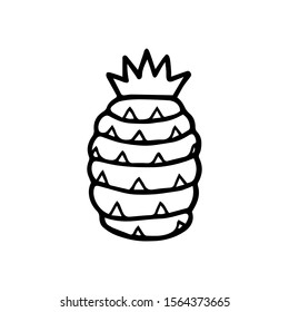 Hand drawn monochrome icon of pineapple fruit with leaf isolated on white background. Tropical fruit coloring page. Simple doodle sketch. Symbol of exotic summer, vitamin, healthy. Vector illustration