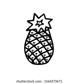 Hand drawn monochrome icon of pineapple fruit with leaf isolated on white background. Tropical fruit coloring page. Simple doodle sketch. Symbol of exotic summer, vitamin, healthy. Vector illustration