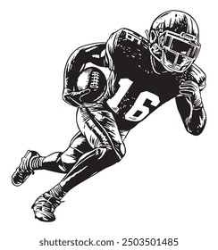 Hand drawn monochrome illustration of an American football player.