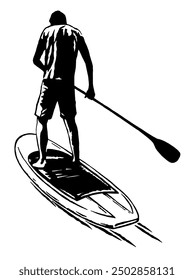 Hand drawn monochrome illustration of a stand up paddle boarder.