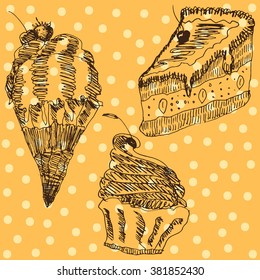 Hand drawn monochrome image of three most popular sweets isolated on spotted yellow background. Illustration for recipe books, magazines, decoration element for public places and boards.
