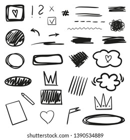 Hand drawn monochrome infographic elements. Abstract geometric shapes on white. Black and white illustration
