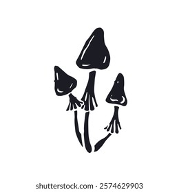 Hand drawn monochrome inky silhouettes of amanita mushroom. Poisonous fungy black and white doodles