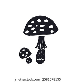 Hand drawn monochrome inky silhouettes of amanita mushroom. Poisonous fungy black and white doodles