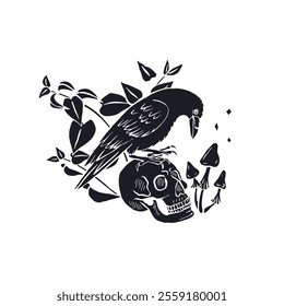 Hand drawn monochrome inky sketch style raven or crow sitting on human skull silhouette isolated on white background. Mystic black bird and head bone surrounded by nettle leaves Halloween design