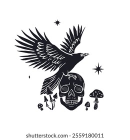 Hand drawn monochrome inky sketch style raven or crow sitting on human skull silhouette isolated on white background. Mystic black bird and head bone surrounded by mushrooms Halloween design