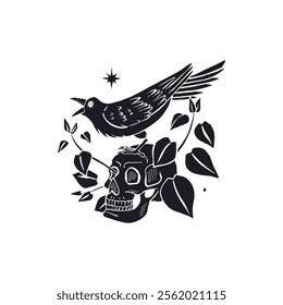 Hand drawn monochrome inky sketch style raven or crow sitting on human skull silhouette isolated on white background. Mystic black bird and head bone surrounded by nettle leaves Halloween design