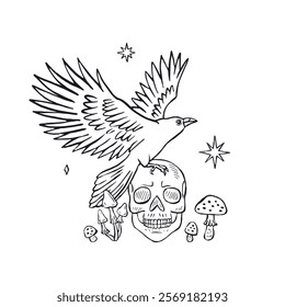 Hand drawn monochrome inky sketch style raven or crow sitting on human skull isolated on white background. Mystic black bird and head bone surrounded by mushrooms Halloween design