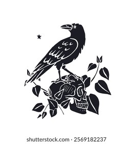 Hand drawn monochrome inky sketch style raven or crow sitting on human skull silhouette isolated on white background. Mystic black bird and head bone surrounded by nettle leaves Halloween design