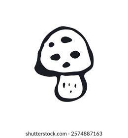 Hand drawn monochrome inky sketch style amanita mushroom. Poisonous fungy black and white doodles