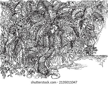 Hand drawn monochrome jungle motif, depicting rich island vegetation