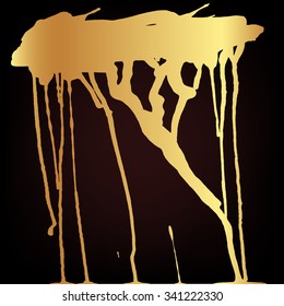 Hand Drawn monochrome leaking stain in gold over black. Vector illustration isolated on black. Abstract artistic ink hand painted spot. Luxury grunge texture. Artist collection