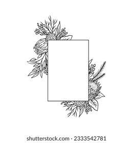 Hand drawn monochrome line art protea flower tropical rectangle vertical frame. Floral greeting card template