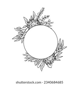 Hand drawn monochrome line art tropical protea flower round frame. Floral wreath greeting card template