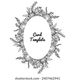 Hand drawn monochrome line art tropical protea flower vertical oval frame. Floral wreath greeting card template