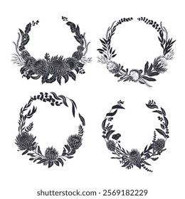 Hand drawn monochrome line art tropical protea flower round frame silhouettes set. Black floral wreath greeting card templates collection