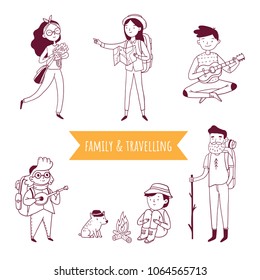 Hand drawn monochrome lovely family on traveling