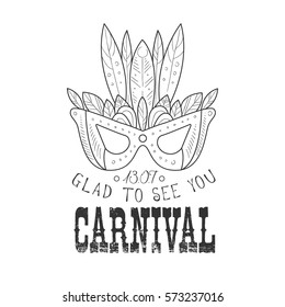 Hand Drawn Monochrome Mardi Gras Carnival Vintage Promotion Sign With Mask In Pencil Sketch Style With Calligraphic Text