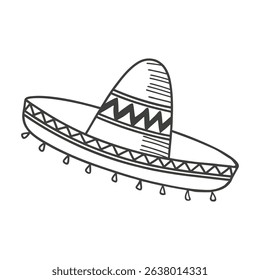 Hand drawn monochrome mexican sombrero hat with ethnic patterns. National symbol of Mexico. Sketch illustration.