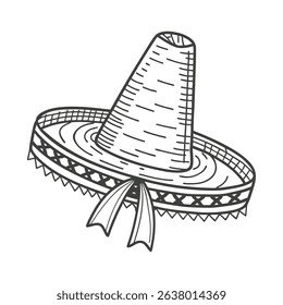 Hand drawn monochrome mexican sombrero hat with ethnic patterns. National symbol of Mexico. Sketch illustration.