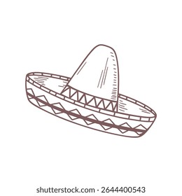 Hand drawn monochrome mexican sombrero hat with ethnic patterns. National symbol of Mexico. Sketch illustration.