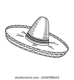 Hand drawn monochrome mexican sombrero hat with ethnic patterns. National symbol. Sketch illustration.