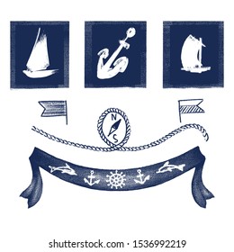 Hand drawn monochrome nautical elements set with sailboats and anchor  on canvas, made with rough brush strokes. Includes compass, flags, rope, ribbon and other isolated vector illustrations