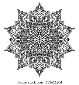 Hand drawn monochrome oriental ornamental lace round mandala for use in design t-shirt, vintage card, henna tattoo, party invitation, poster, brochures, gift album, scrapbook cover or pages