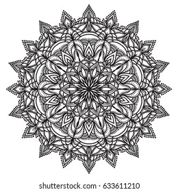 Hand drawn monochrome oriental ornamental lace round mandala for use in design t-shirt, vintage card, party invitation, poster, brochures, gift album, henna tattoo, scrapbook cover or pages