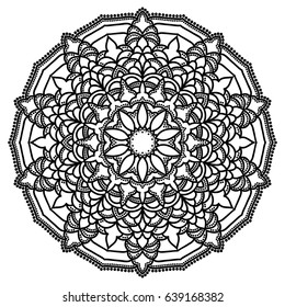 Hand drawn monochrome oriental ornamental lace round mandala for use in design t-shirt, vintage card, party invitation, poster, brochures, gift album, henna tattoo, scrapbook cover or pages