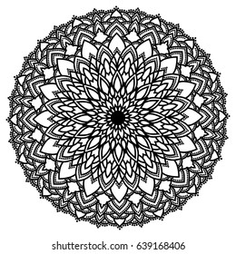 Hand drawn monochrome oriental ornamental lace round mandala for use in design t-shirt, vintage card, party invitation, poster, brochures, gift album, henna tattoo, scrapbook cover or pages