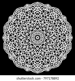 Hand drawn monochrome oriental ornamental lace round mandala for use in design t-shirt, vintage card, party invitation, poster, brochures, gift album, scrapbook cover or pages