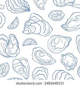 Hand drawn monochrome oyster and lemons seamless pattern