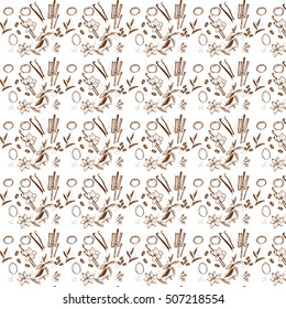 Hand drawn monochrome pattern of most popular aroma plants and spices isolated on white. Food, perfumery theme, illustration for different informational and entertaining sources. Textile. Wallpaper.