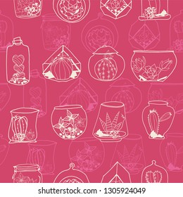 Hand drawn monochrome pink line art terrarium collection arranged in rows. Seamless vector pattern. Great for textile, home decor, fashion and stationery, backdrops, web.